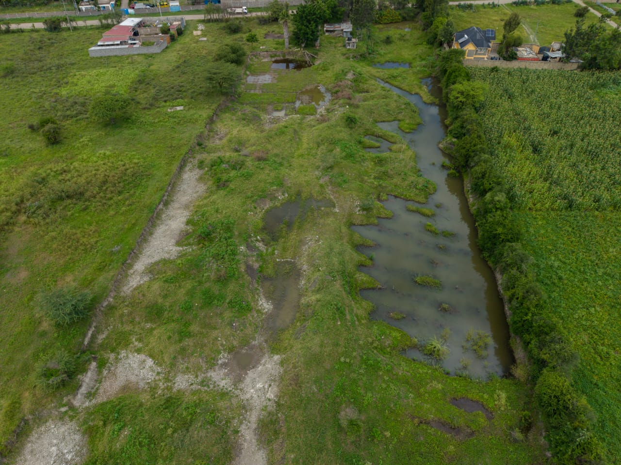 Aerial view of the full five-acre Uhai Forest Trust site during the rainy season, showing the river and surrounding land